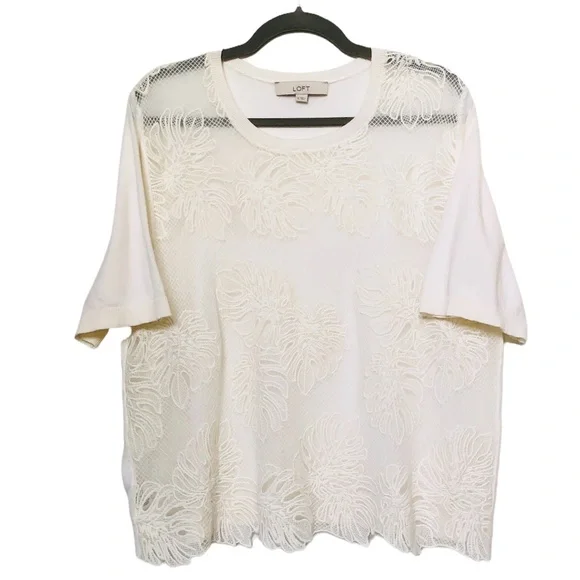 LOFT Tops Ann Taylor Loft Sweater Womens Xl Ivory Floral Lace